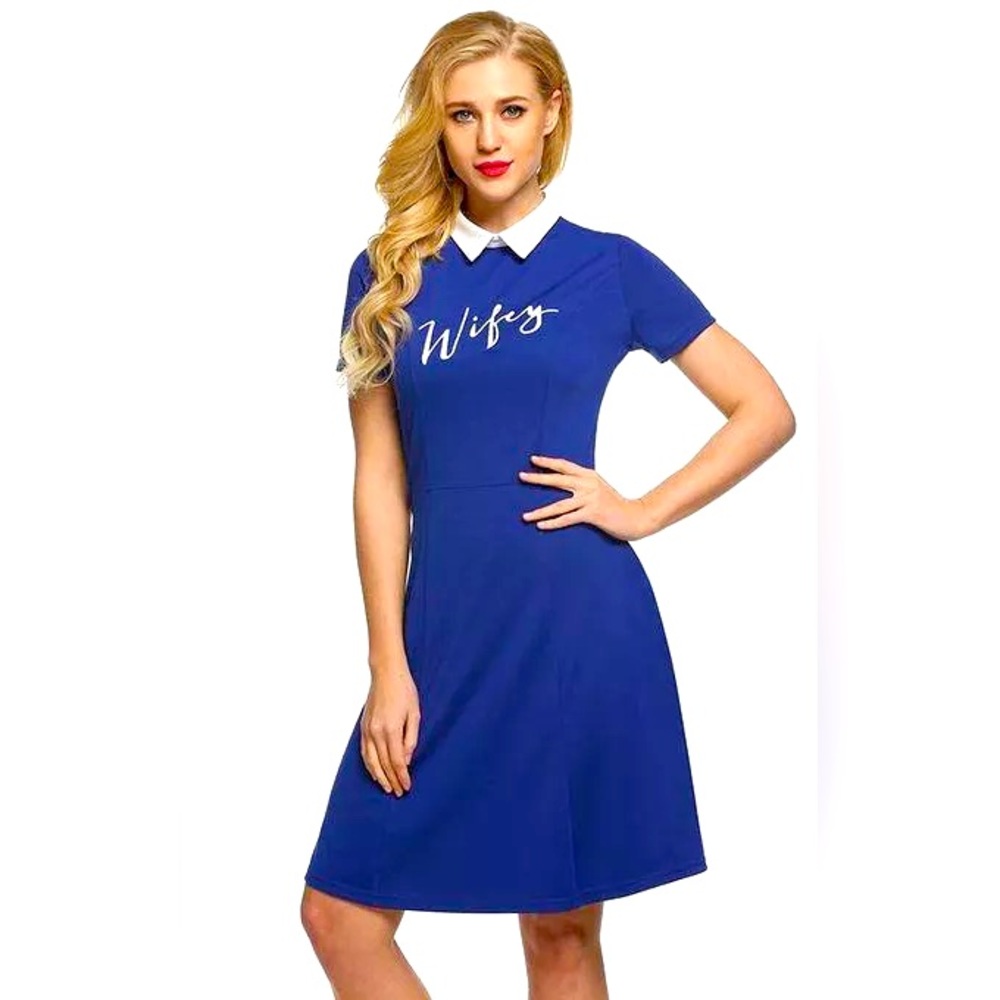 ACEVOG Retro Women Doll Collar Short Sleeve A-Line Shift Dress ( Blue )